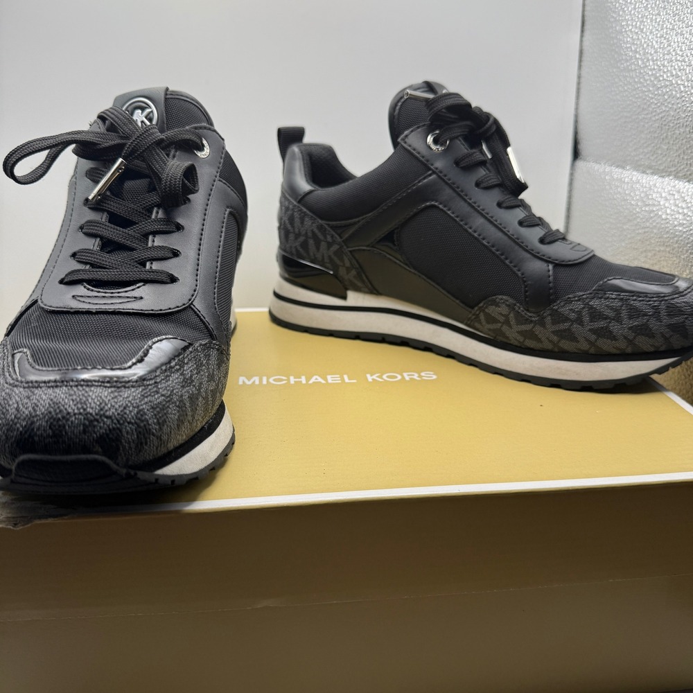 Michael Kors Billie Trainer Black Grey Logo Mixed Media Sneakers Shoes